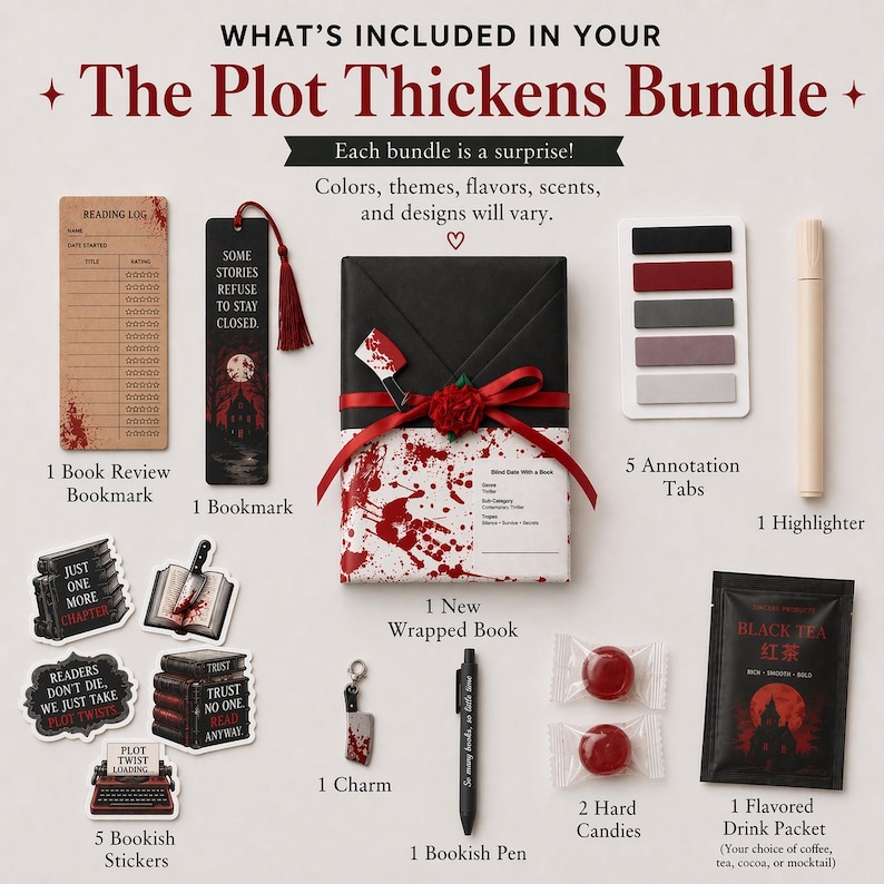 May include: A bookish bundle with a gothic theme, featuring a bookmark, stickers, a pen, a highlighter, and a wrapped book. The items have red and black accents. The bundle also includes candies and a tea packet.