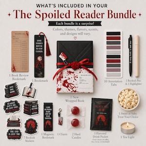 May include: A reader's bundle with a new wrapped book, bookmarks, stickers, sweets, tea, and a tea light. The bundle includes a pen, highlighter, and annotation tabs. The theme is dark academia with red and black accents.