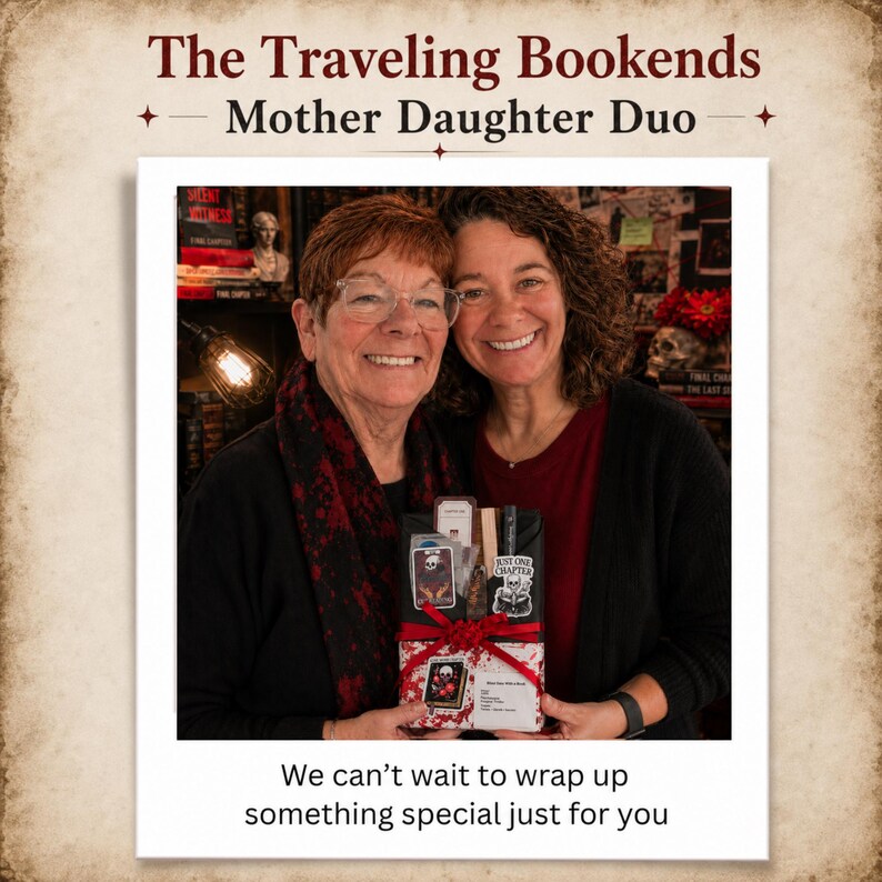 May include: A photograph of two women smiling, holding a gift box. The box is wrapped in red and white paper and tied with a red ribbon. The box contains cards and a book. The image includes the text "The Traveling Bookends Mother Daughter Duo" and a message.