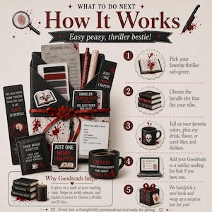 May include: An illustrated guide titled "How It Works" for a thriller book subscription box. The image features a gift box with books, coffee, and a mug. Text includes "Easy peasy, thriller bestie!" and instructions for choosing a sub-genre, bundle tier, and preferences.
