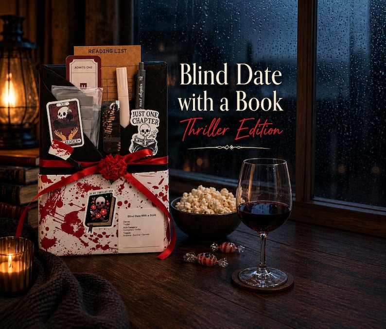 May include: A gift box labeled "Blind Date with a Book, Thriller Edition" with a red ribbon, skull stickers, and a reading list. A glass of red wine, popcorn, and candies sit on a wooden surface near a window.