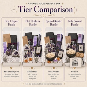 May include: An image showcasing four fantasy-themed gift boxes, each with a different selection of items. The boxes are labeled "First Chapter Bundle", "Plot Thickens Bundle", "Spoiled Reader Bundle", and "Fully Booked Bundle". Each box contains books, pens, and other themed items. Text at the top reads "Tier Comparison".