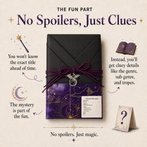 May include: A wrapped gift box with black paper, tied with a purple cord and a silver dragon charm. The box is decorated with a purple and gold celestial patterned paper. Text on the image reads "No Spoilers, Just Clues."
