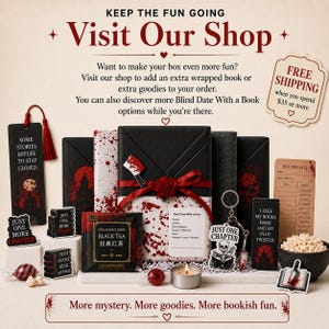 May include: A selection of mystery-themed gifts, including wrapped books, stickers, and tea, in a red and black colour scheme. The image features the text "Visit Our Shop" and "More mystery. More goodies. More bookish fun."