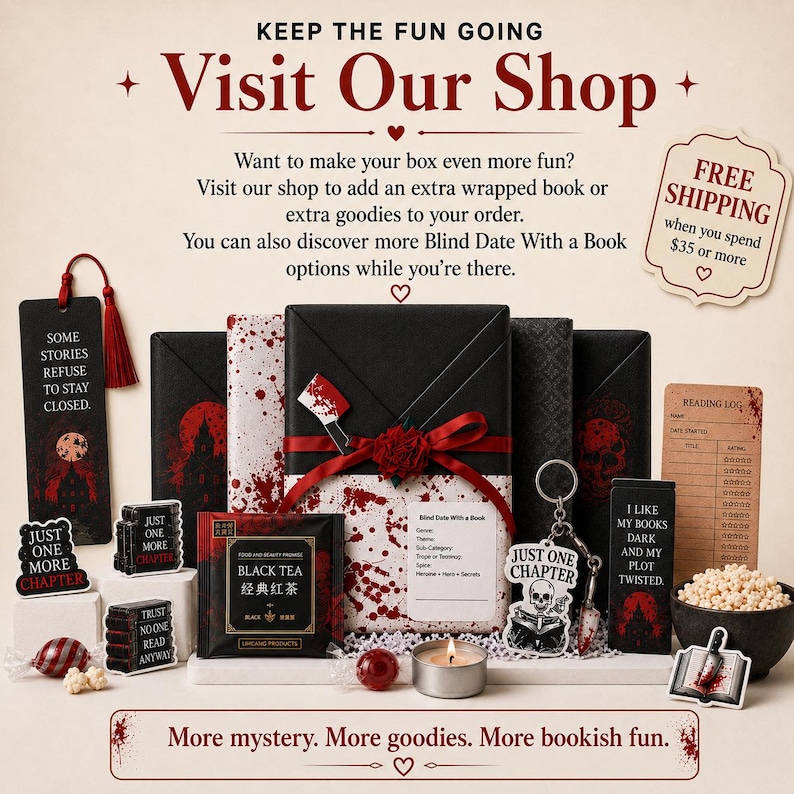 May include: A selection of mystery-themed gifts, including wrapped books, stickers, and tea, in a red and black colour scheme. The image features the text "Visit Our Shop" and "More mystery. More goodies. More bookish fun."