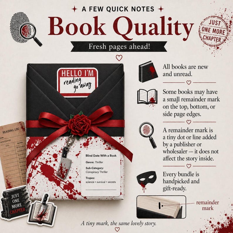 May include: A wrapped book with a red ribbon and rose, with a tag that says "Blind Date With a Book". The image includes text that says "Book Quality" and "Fresh pages ahead!"