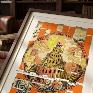 Puede incluir: Obra de arte enmarcada con una ilustración estilizada de una torre y una figura contra un atardecer, compuesta por azulejos naranjas y amarillos. El texto dice "FOR IT WAS MUSIC BETWEEN THEIR SOULS ALWAYS HAD BEEN".