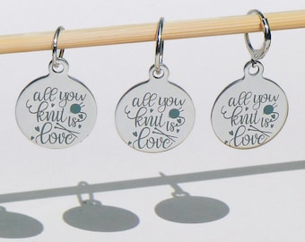 Stitch marker/progress keeper for knitting and crochet, 'All you knit is love', lovely little gift for knitters and crocheters