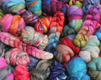 Mystery Fibre Bag: 400 grams of hand dyed and blended combed top/roving for spinning