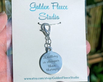 Stitch marker/progress keeper for knitting and crochet, 'Knitting is cheaper than therapy', lovely little gift for knitters and crocheters