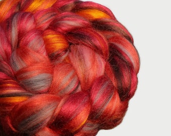 Custom blended combed top/roving ‘Hearth': merino/bamboo 50/50 for spinning and felting, luxury shiny wool mix, warm colours, orange, red