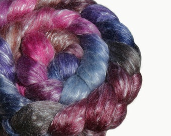 Handgefärbter Polwarth/Tencel Kammzug zum Spinnen und Filzen, 100 gramm, weiche Faser, Wollmischung, blau, rosa, lila, braun