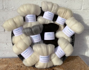 Sheep breed sampler B - sample pack with 10 types of wool to try, combed top for spinning or felting, fibre sampler for breed study