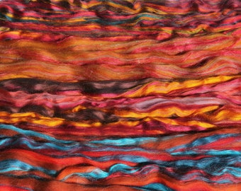 Custom blend selection pack: 200 gr combed top/roving, 4 colourways, Crocosmia, Flame, Hearth, Firefall, luxury fiber blends, warm colours