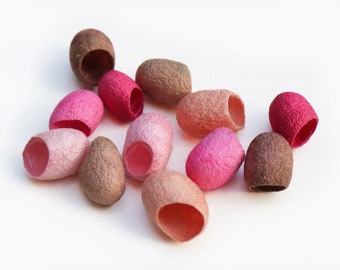 Hand dyed silk cocoons, set of 12, for jewellery making, mixed media and textile art, silk beads / pendants / charms, pink, brown