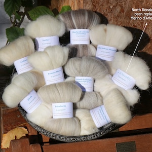 以下が含まれることがあります： ゴットランド、ヤコブ、シェットランド、アイスランドなど、さまざまな種類のウールロービングのコレクション。各ロービングには、名前とグラム単位の重量がラベル付けされています。