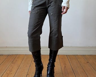 Pantaloni capri Diesel a vita bassa vintage, pantaloni cargo militari piratecore kaki con cerniera, taglie XS - S