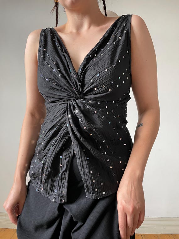 Max Mara, Vintage Max Mara Black Sequin Knot Front Top, Draped Crinkle Fabric V Neck Blouse