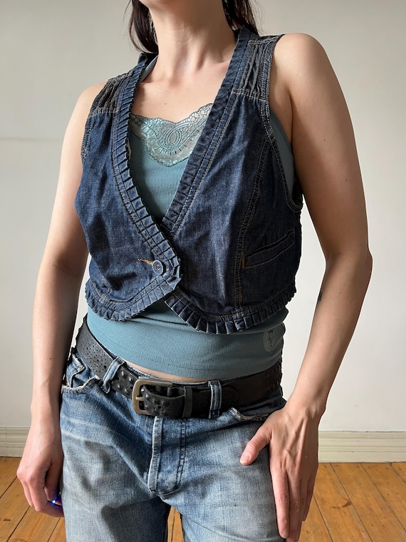 Whimsigoth Ruffle Dark Denim Cutout Back Waistcoat, Y2K Cropped 