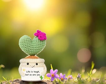 Handmade Crochet Cactus – Plush Plant Gift with Encouragement Card for Desk Decor