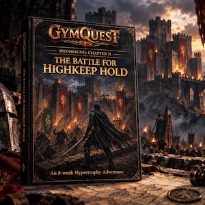 Peut inclure: Un livre relié intitulé GymQuest Ironbound: Chapter II The Battle for Highkeep Hold An 8-week Hypertrophy Adventure. La couverture présente une illustration de dark fantasy montrant un guerrier devant un château en feu avec des bannières rouges.