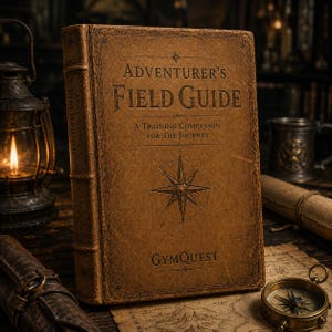 May include: A brown, leather-bound book titled Adventurer's Field Guide: A Training Companion for the Journey by GymQuest. The cover features an embossed compass rose design, with the title and brand name clearly printed in a dark, serif font.