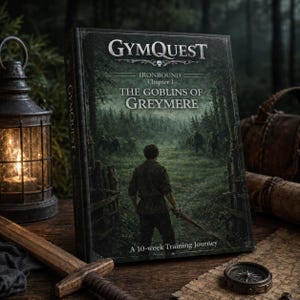 May include: A hardcover book titled GymQuest Ironbound Chapter 1 The Goblins of Greymere A 10-week Training Journey. The cover features a dark forest scene with a person holding a sword, surrounded by trees and a wooden fence in a misty setting.