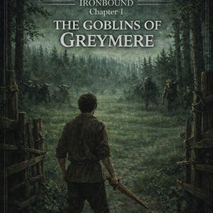 May include: Book cover for "GYMQUEST: The Goblins of Greymere." A man stands with a sword, facing a forest with goblins. The cover includes the text "Ironbound Chapter I" and "A 10-week Training Journey."