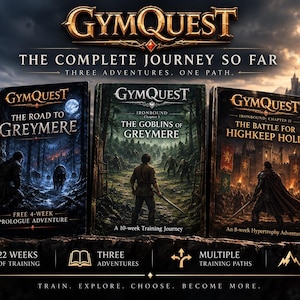Puede incluir: Tres libros de GymQuest titulados The Road to Greymere, The Goblins of Greymere y The Battle for Highkeep Hold. Las portadas presentan ilustraciones de fantasía de un bosque, un guerrero y un castillo. El texto incluye 22 weeks of training.
