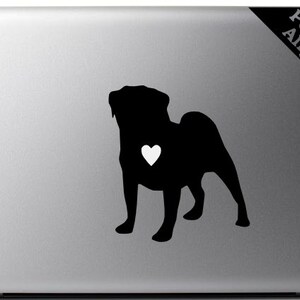 Love your Pug - silhouette with heart vinyl Macbook decal - pet decal, dog decal, macbook decal, etc...