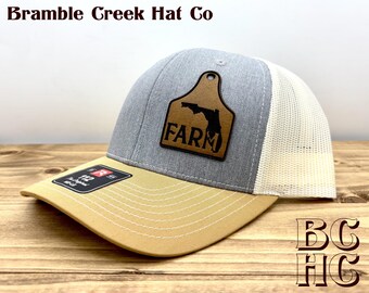 Choose your State "FARM"  Ear Tag Leather Patch Trucker Hat – Richardson 112