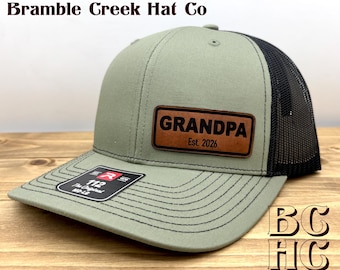 New Grandpa Established Year Hat - Birth Announcement - Pregnancy Announcement Gift - Leather Patch Trucker – Richardson 112