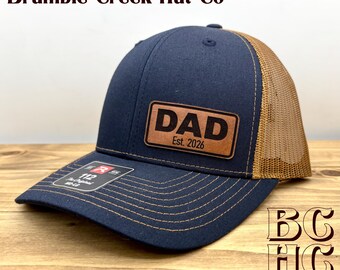 New "DAD Established Year" Hat - Pregnancy Announcement Gift - Birth Announcement - Leather Patch Trucker – Richardson 112
