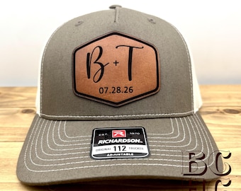 Personalized  Wedding Hat with Handwritten Style -  Leather Patch Trucker Hat – Groomsmen Hats - Custom Wedding Party Hats - Richardson 112