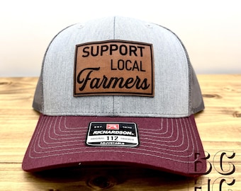 Retro Design "Support Local Farmers" Leather Patch Trucker Hat – Richardson 112