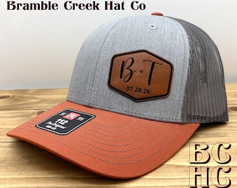 Personalized  Wedding Hat with Handwritten Style -  Leather Patch Trucker Hat – Groomsmen Hats - Custom Wedding Party Hats - Richardson 112
