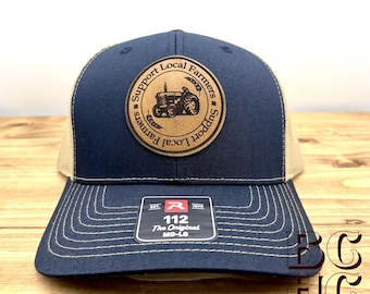 Retro Tractor and Wheat "Support Local Farmers" Round Leather Patch Trucker Hat – Richardson 112