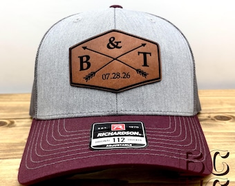 Personalized  Wedding Richardson Hat with Arrows -  Leather Patch Trucker Hat – Groomsmen Hats - Custom Wedding Party Hats - Richardson 112