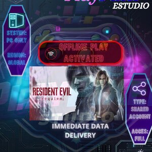 Puede incluir: Anuncio digital de un videojuego, con el título "Resident Evil: Requiem". El gráfico incluye el texto "Offline Play Activated", "Immediate Data Delivery" y "Shared Account". La combinación de colores es principalmente azul, morado y rojo.