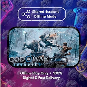 Puede incluir: Imagen promocional del videojuego "God of War: Ragnarok". La imagen presenta una escena de acción dinámica con personajes en un entorno nevado. El texto incluye "Shared Account Offline Mode" y "Offline Play Only / 100% Digital & Fast Delivery."