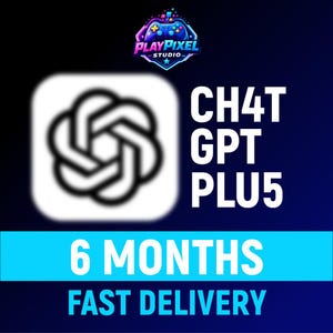 Può includere: Una grafica digitale che presenta il logo PlayPixel Studio in alto, un'icona sfocata in bianco e nero e il testo CH4T GPT PLU5. Sotto, una barra orizzontale azzurra mostra il testo 6 MONTHS, seguito dal testo FAST DELIVERY.