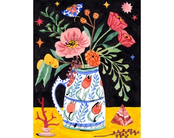 Iznik Flower Vase Illustration - A5 Print - ink and watercolour  still life vanitas turkish floral crystal arrangement