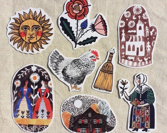 Folk Art Sticker set - woodcuts, witches, sun, barn, broom, carvings