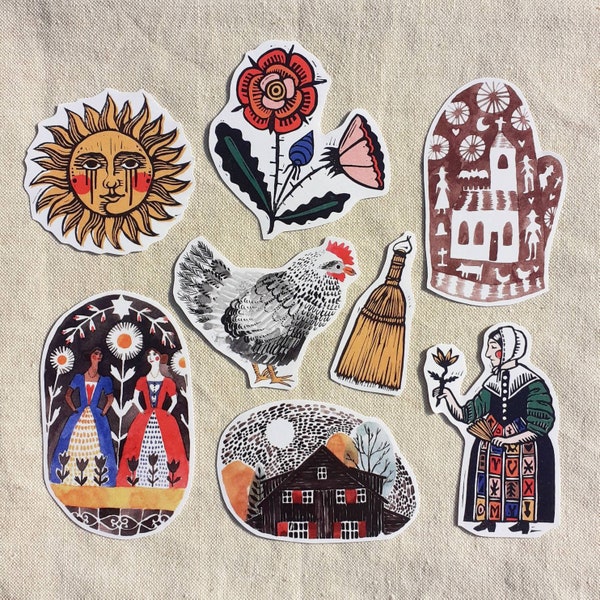 Folk Art Sticker set - woodcuts, witches, sun, barn, broom, carvings