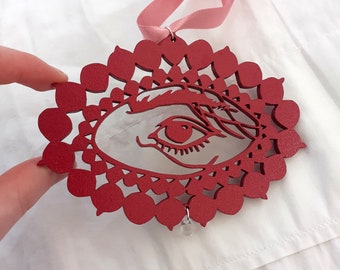 Victorian Lovers' Eye Surrealist wooden laser cut hanging Decoration with ribbon and glass tear in Wine Red