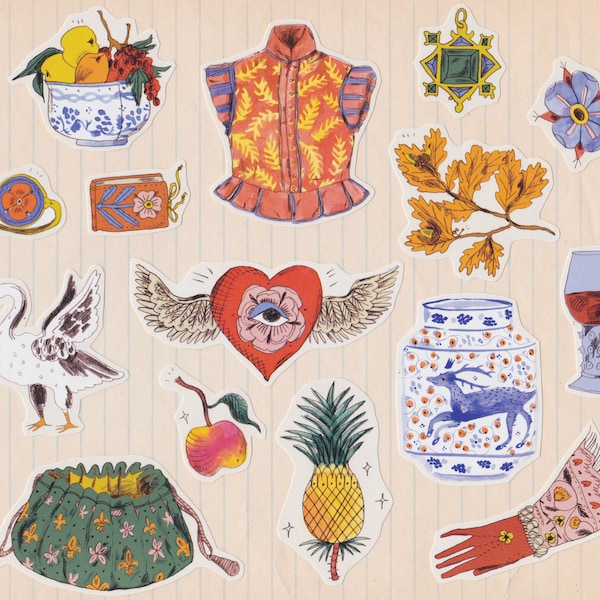 Elizabethan sticker set - historical costume, alchemical symbols, inspired by Virginia Woolf's 'Orlando'