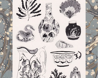 Antique Pottery Shell Ink Drawing A5 print - china porcelain vase / good luck charms