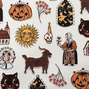 Folk Halloween Woodcut set of 10 stickers