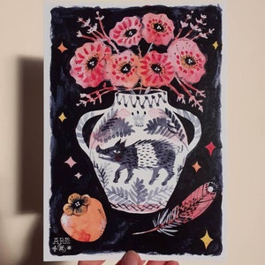 Boar vase print - A6 or A5 - ink and watercolour renaissance delft ceramic pottery with wild boar, persimmon and poppies