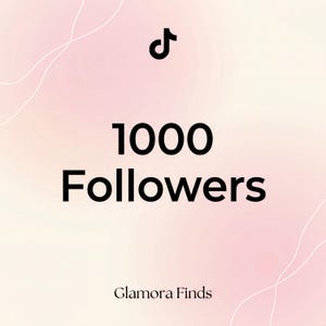 May include: A digital graphic with a light pink and peach gradient background. The black text reads "1000 Followers" below a black TikTok logo. The text "Glamora Finds" is at the bottom.